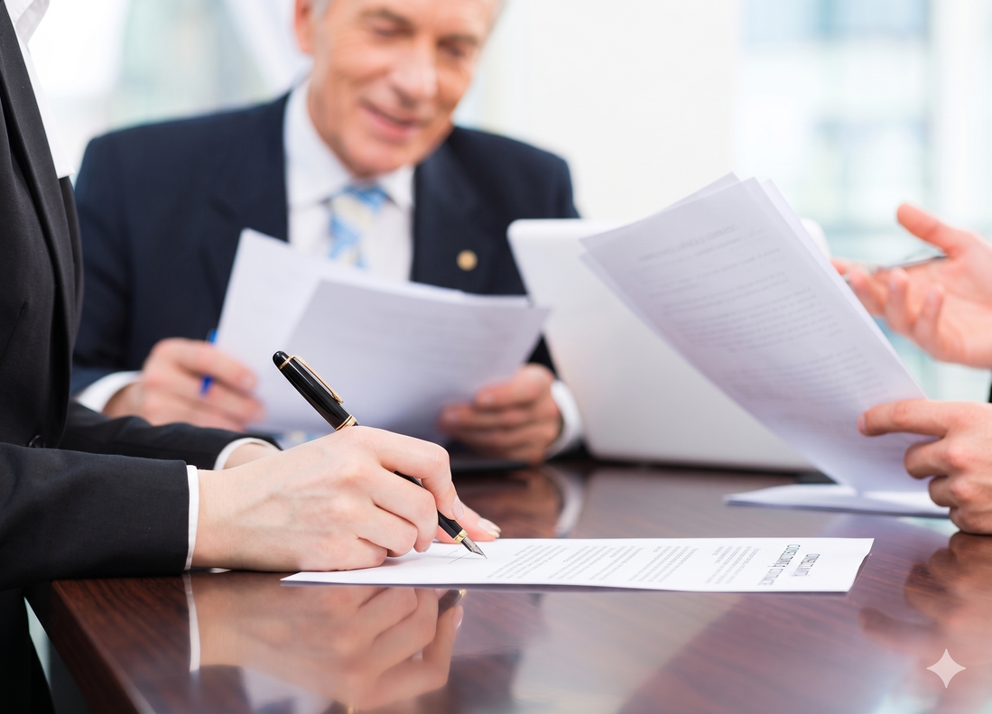 Avocat oferind consultanță juridică la birou